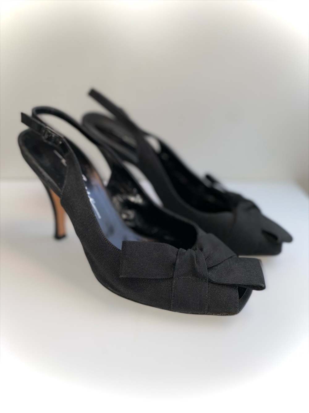 Classic Black Slingback Peep-Toe Heels with Front Bow